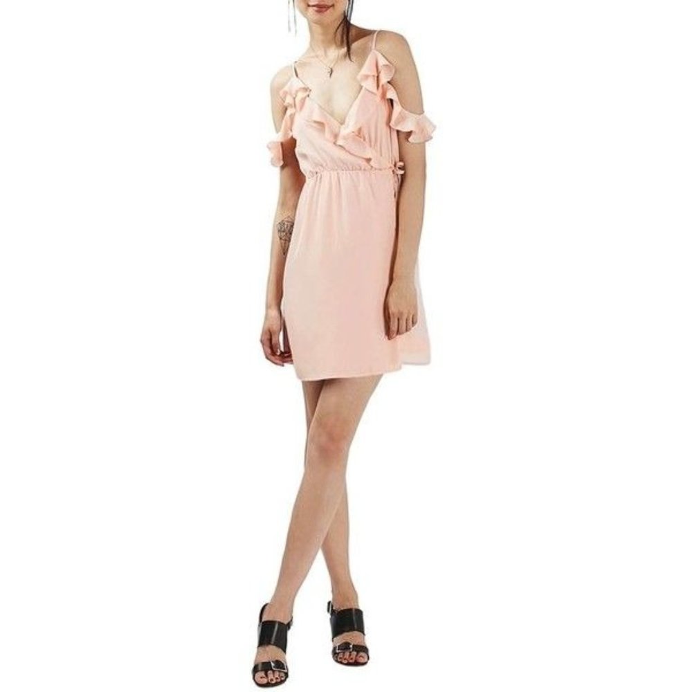 Topshop Ruffle Hem Cold Shoulder Wrap Minidress 6 Blush Pink